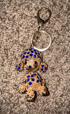 Crystal Rhinestone Poodle Dog Keychain Gold Blue Bling Purse Charm