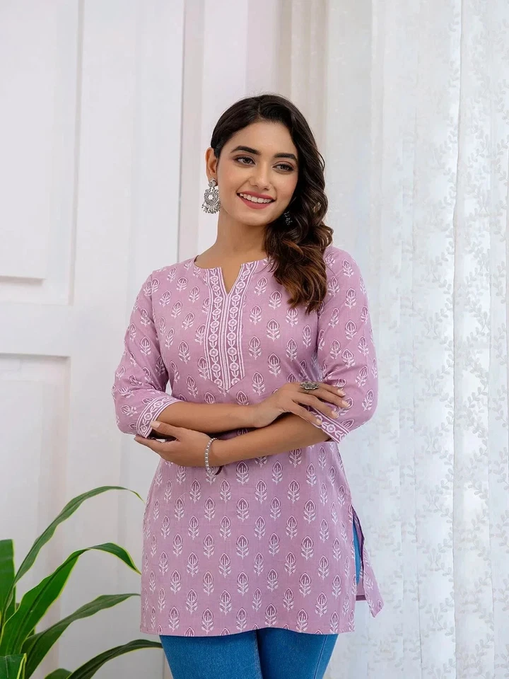 Vestido túnica Kurta Kurti estampado floral de algodón puro púrpura para mujer india Foto 3 de 4