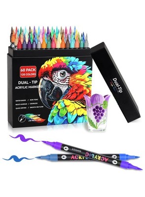 120 Colors Acrylic Paint Markers with 60 Dual-Color Brush Tips, Double Tips A...