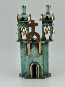VTG Peruvian Folk Art Patinated Copper Cathedral Sculpture w/ Bells Handmade 4½”
