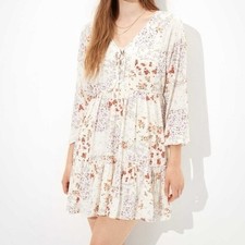 American Eagle Floral Long Sleeve Babydoll Dress White Size L