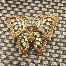 Butterfly Brooch Pin Gold Tone Metal Rhinesto...
