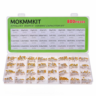 32 Values 800 Pieces Ceramic Capacitor Assortment Kit Capacitors from 10Pf to 10