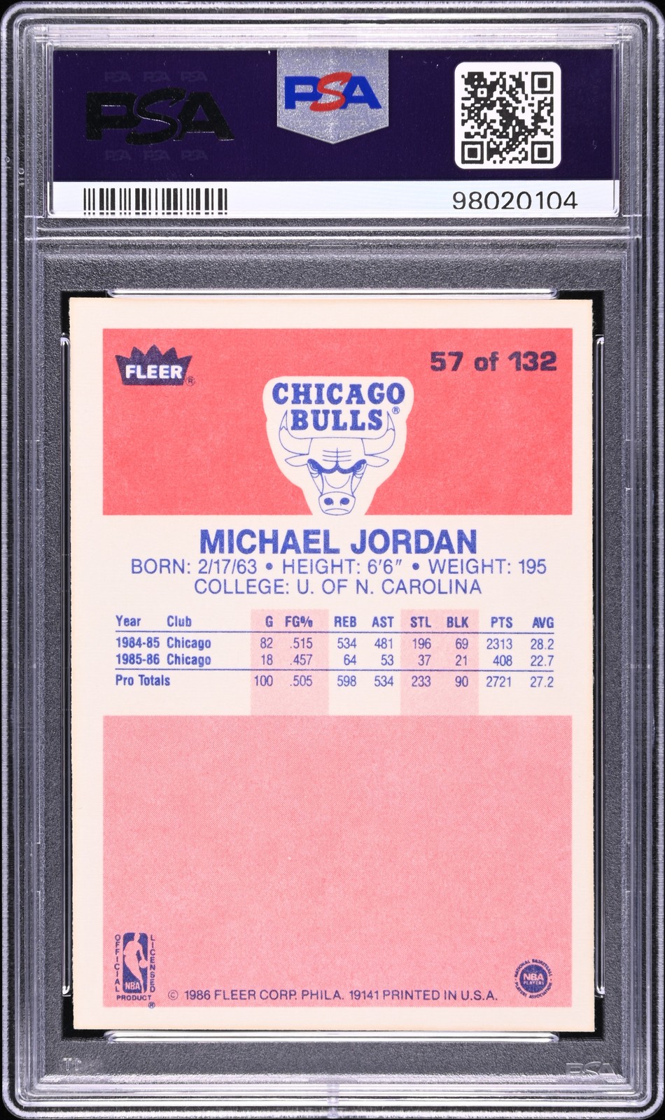 1986 FLEER #57 MICHAEL JORDAN ROOKIE RC PSA AUTHENTIC ALTERED view 2