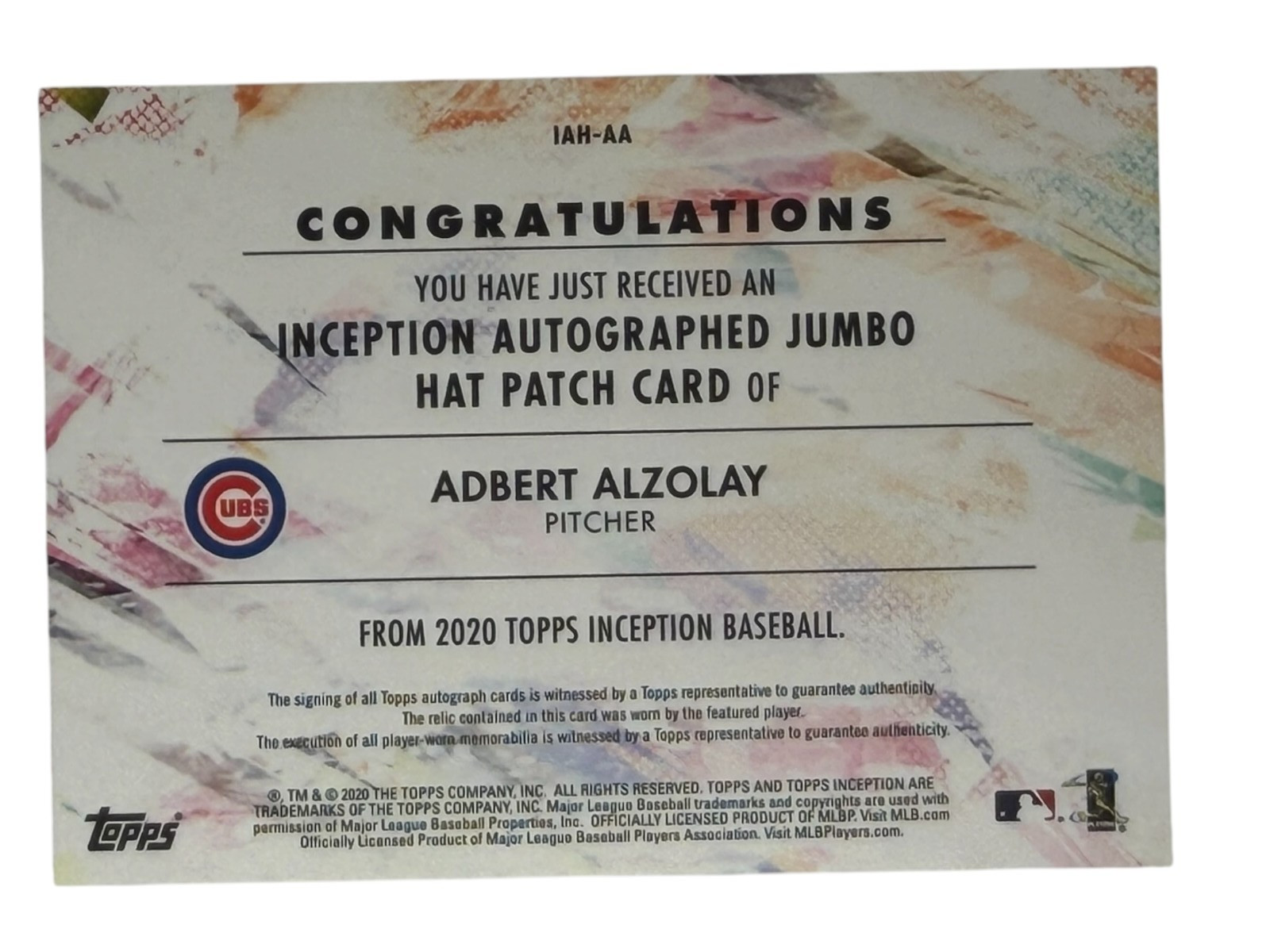 2020 Topps Inception Adbert Alzolay Autograph Jumbo Hat Patch MLB Logoman RC /5 view 2