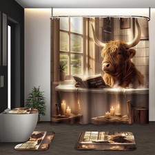 Highland Cattle Cow Shower Curtain Set with Lid Cover and Non-Slip Rugs, Funn...