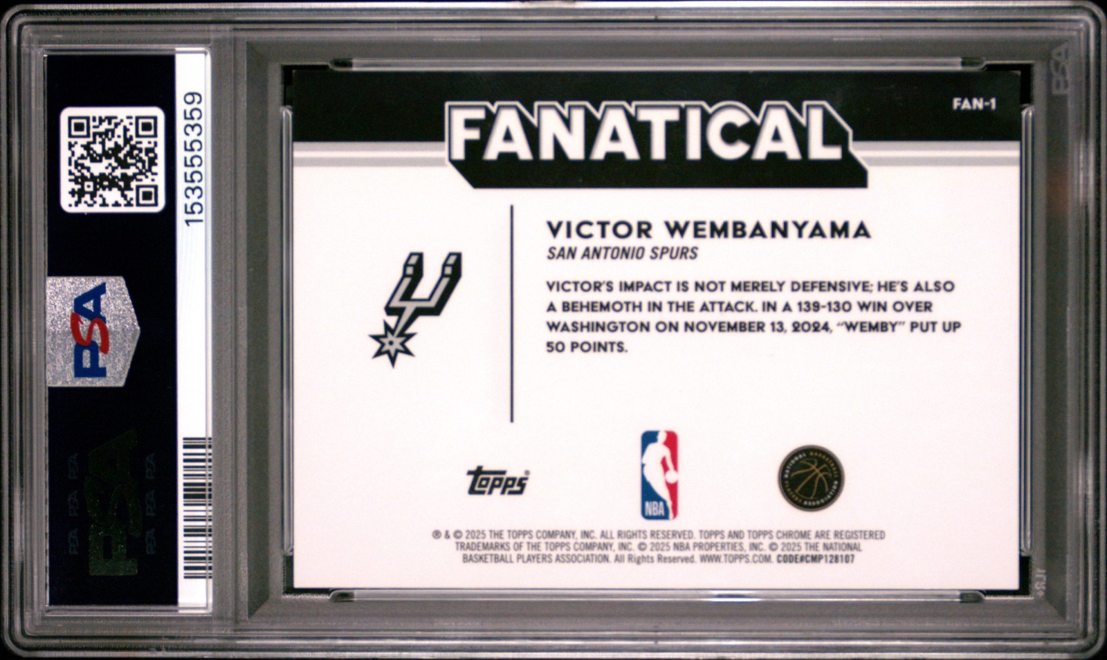 VICTOR WEMBANYAMA PSA 9 2025 TOPPS CHROME FAN-1 FANATICAL GOLD REFRACTOR SSP /50 view 2