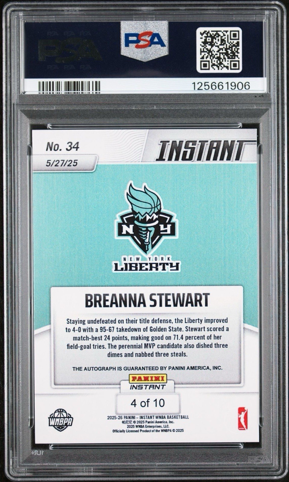 Breanna Stewart 2025 Panini Instant WNBA 34 Water Parallel Auto /10 PSA 10 Pop 1 view 2