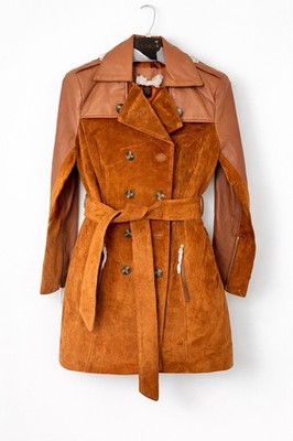 IMAN Global Chic Suede Leather Trench Belt 70s Retro Boho Coat Double Breast XS