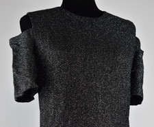 St. John Sz 8 Black Shimmer Sheath Cocktail Cold Shoulder Short Sleeve Dress Zip