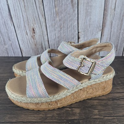 Scholl's Ellie Espadrille Wedge Sandals Off White Multi Women's Sz M  (VGC)