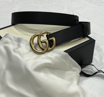 Skinny Unisex Gucci Belt GG Black Leather Inch Size 80/32 For