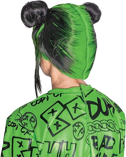 Official Kids Billie Eilish Double Bun Green Wig for Girls Fancy Dress Costume - Picture 2 of 4
