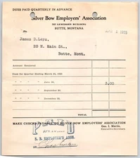 Silver Bow Employers' Association 1925 "Leys" Butte, MT  Dues Billhead Receipt