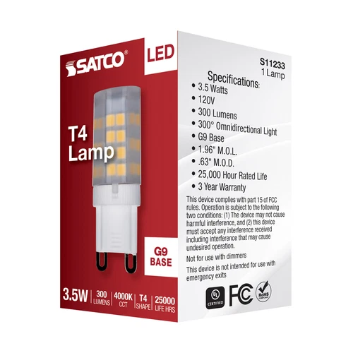Satco S11233 JCD LED 120V 3.5W =35W Double Loop G9 T4 Frost 4000K Cool White - Picture 8 of 9
