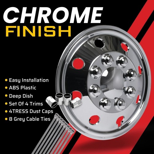 14/15/16" Chrome Deep Dish Wheel Trims Hub Cap Covers 4TRESS Dust Caps, Ties - Picture 2 of 16