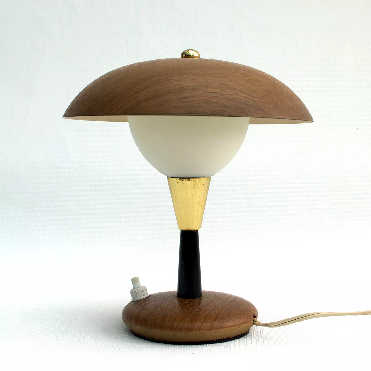 Vintage 1950 60s small Italian faux wood vinyl covered metal shade table lamp