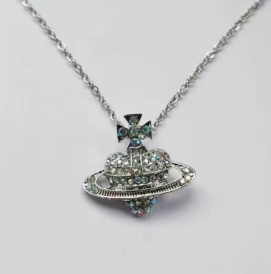 Silver Crown Saturn Planet Cubic Zirconium Charm Pendant Necklace 18  Chain