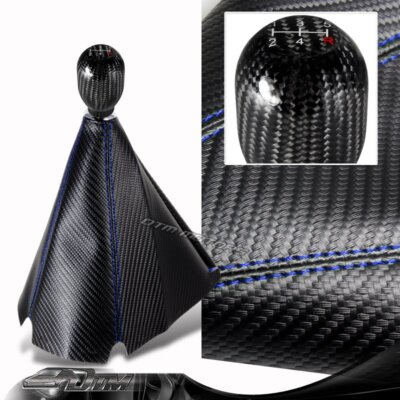 JDM Carbon Style Blue Stitch Manual Shift Boot + T-R 5-Speed Carbon Shifter Knob