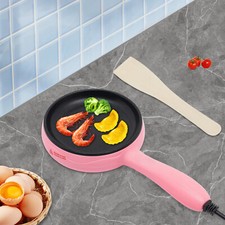 Round Electric Skillet Pink Mini Frying Pan Non-Stick 450W W/ Wooden Spatula NEW