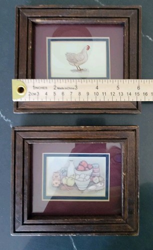 90's Kitchen 2 Framed Country Drawings Rustic Chicken Hen Baking Apples Wood - Picture 2 of 8