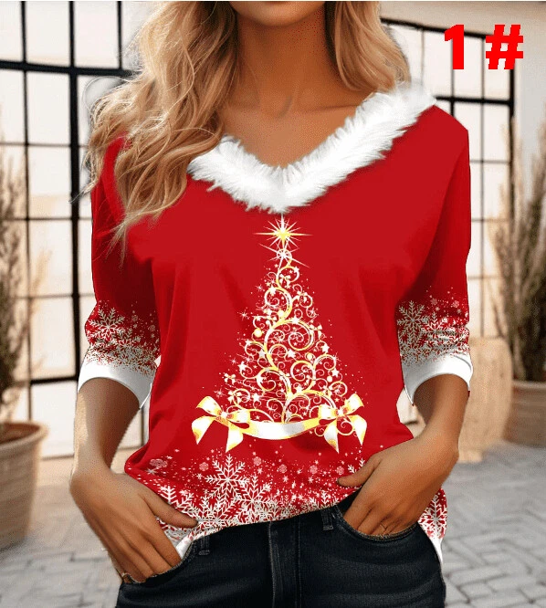 Womens CHRISTMAS Print Tops Xmas Faux Fur Jumper Shirts Pullover Blouse SIZE6-24 - Image 4 of 4