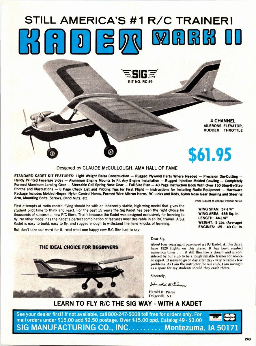 Sig Kadet Mark II Airplane RC Print Ad Wall Art Decor Claude McCullough