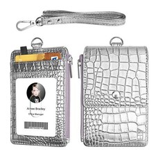 Leather ID Badge Card Holder Wallet w/ Zipper, Card Slots, RFID Blocking Pocket