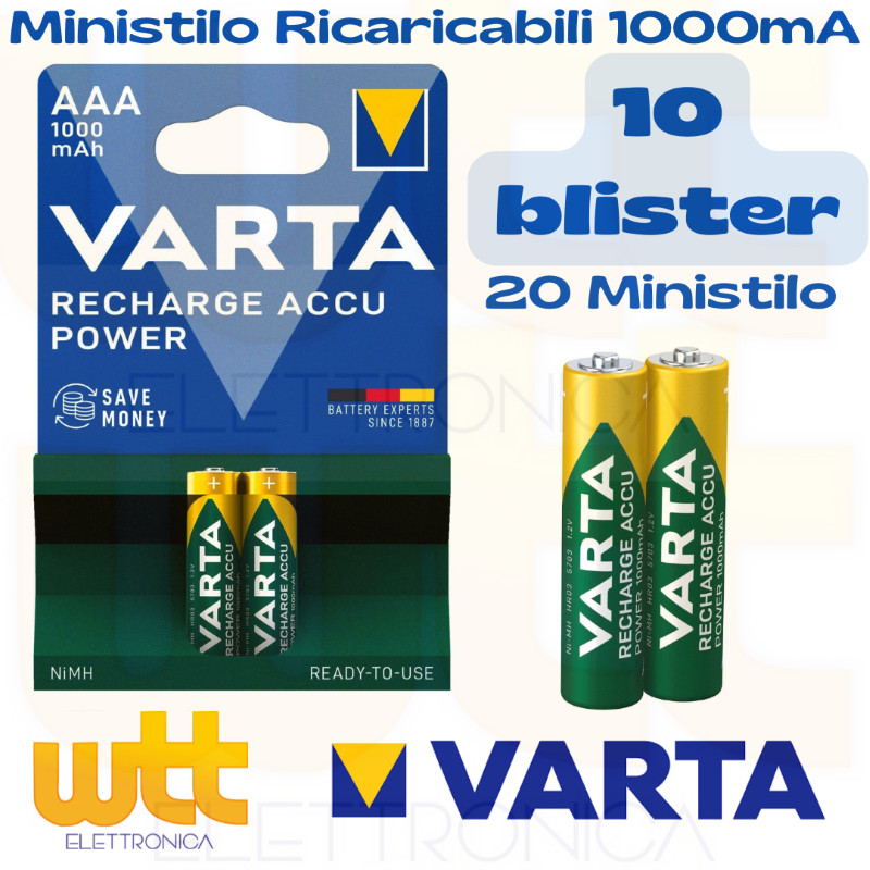 Batterie Varta AAA 1000mAh Ministilo Ricaricabili - Kit 10 Blister Casa Felice