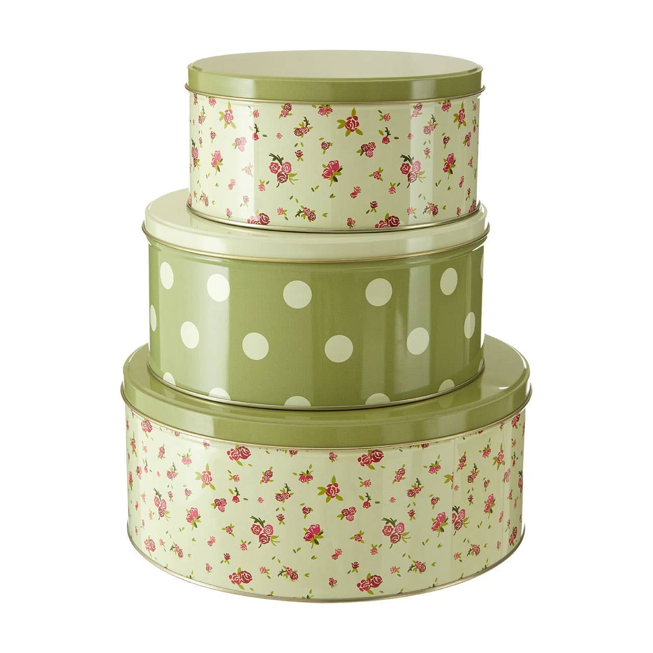 3pcs Round Storage Tin Rose Cottage Green Stacking Metal Containers Organisers