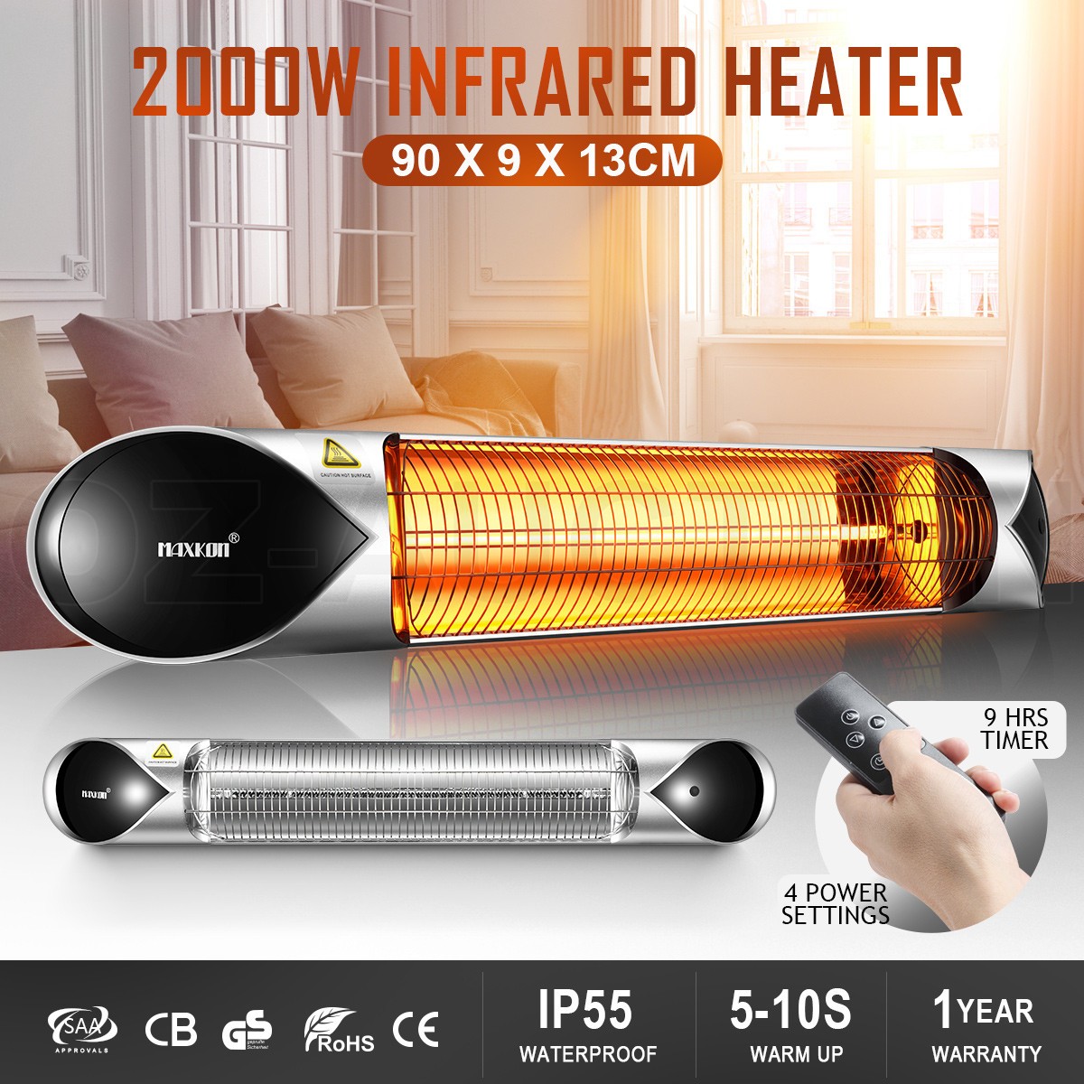 Maxkon 206583 2000W Infrared Wall Mountable Heater Black for