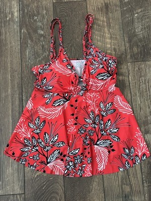 Floral Double Adjustable Straps Swim Tankini, V Neck, Red, White, Black - XL