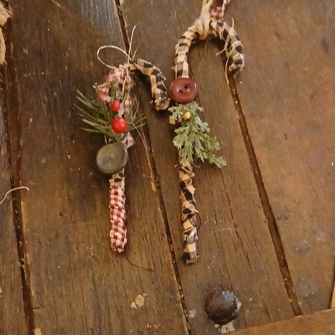 Handmade Rustic Plaid Candy Cane Ornaments with Buttons, Greenery Set of 2