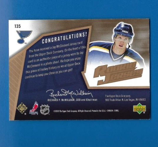 2005-06 SPx Rookie Jersey Jay McClement Patch/25 Gold RC, St. Louis Blues #135 - Image 2 of 2