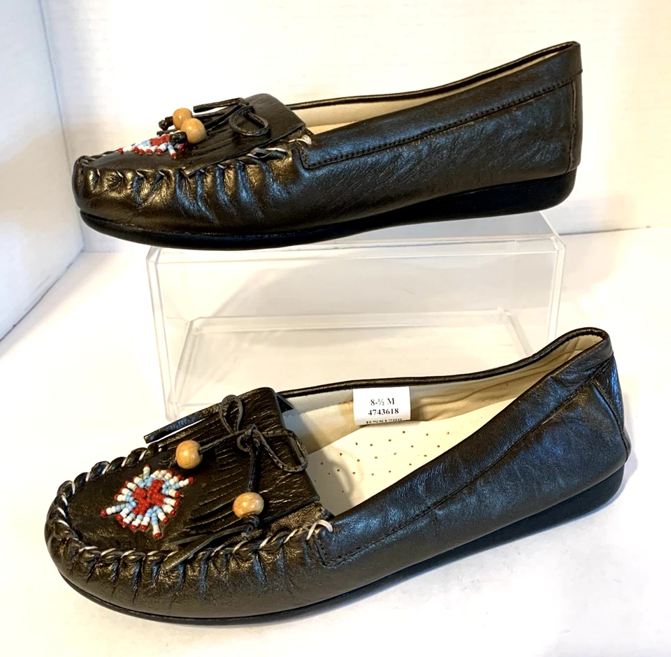 真皮灰色串珠莫卡辛鞋女式 8M 码条纹平底鞋舒适轻松新品 — 第 4/4 张图片