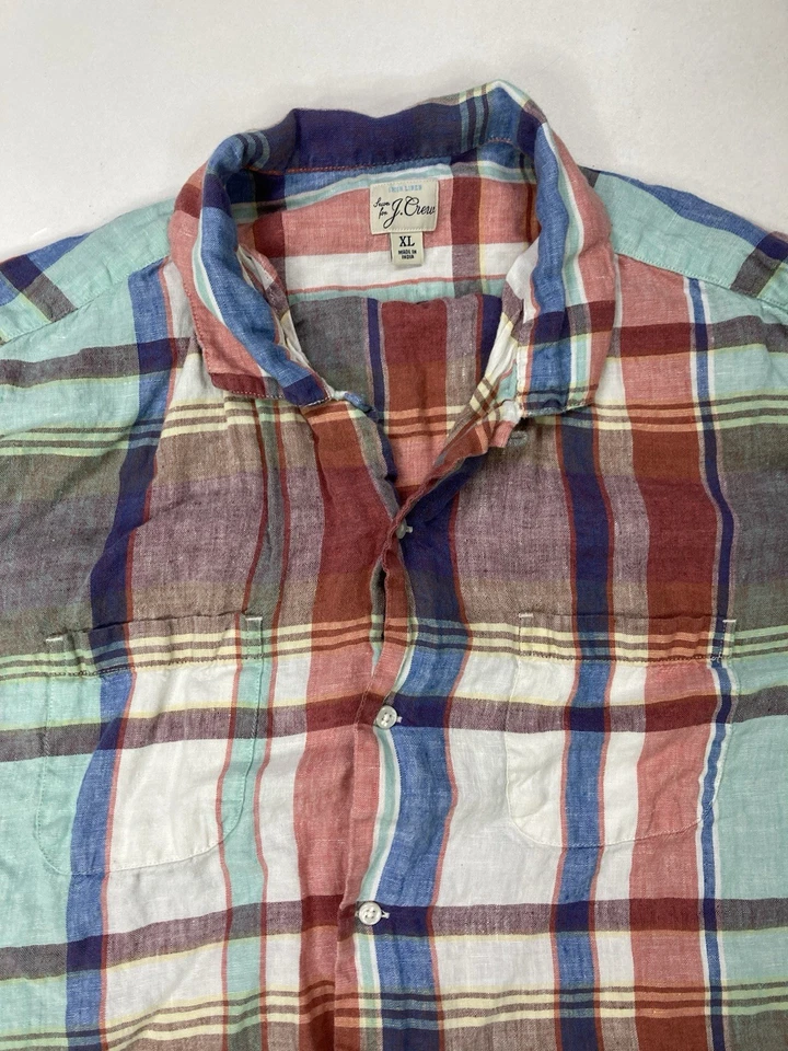 J Crew Baird McNutt Irish Linen Plaid Shirt Men XL Multicolor Short Sleeve BK868 - Image 2 of 4