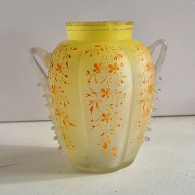 Unmarked Yellow Glass Vase, Hand Painted Orange Floral Flower Pattern