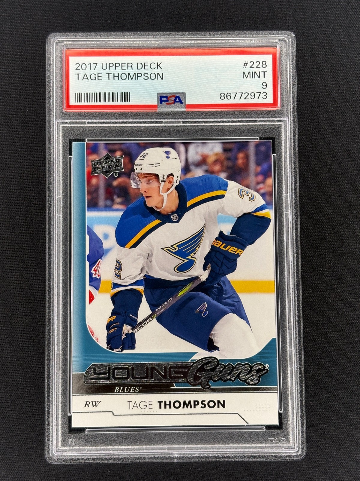 2017-18 Upper Deck Tage Thompson Young Guns #228 RC PSA 9 Mint Blues view 1