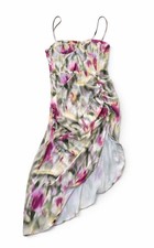 NWT CIDER Women’s Asymmetrical Satin Midi Dress L Purple Green Floral Ruched