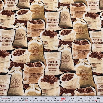 Coffee Beans in Bags Timeless Treasures Cotton Fabric by the HALF YARD