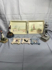 Nautical Décor Lot – Lighthouse Box, Wood Lighthouse, Mini Wall Hangings & Tray