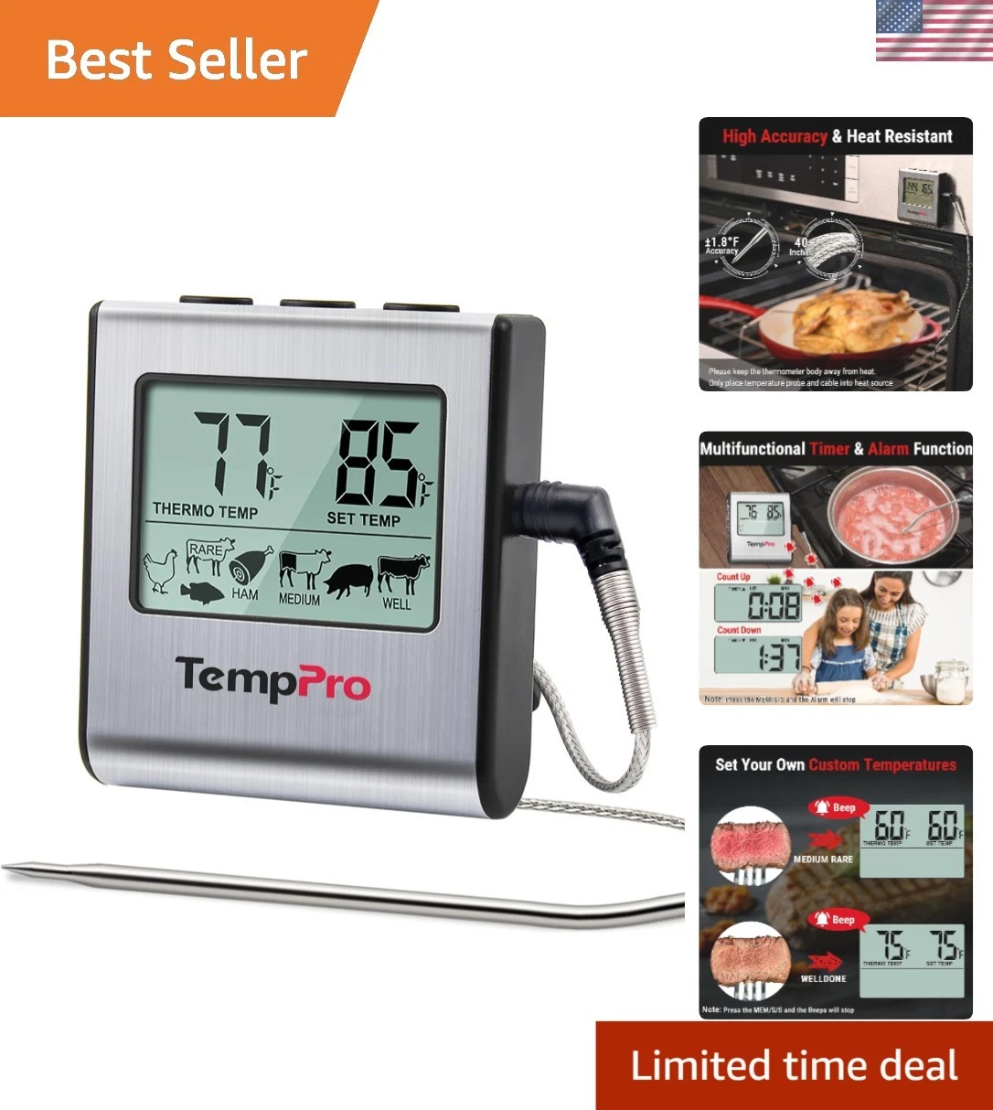 TP16 Large LCD Cooking Thermometer - Precision Meat Thermometer for BBQ
Opens in a new window or tab
