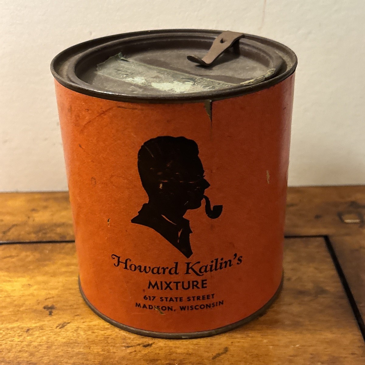 ANTIQUE 1926 Howard Kailins TOBACCO TIN CAN COUNTRY STORE Madison 