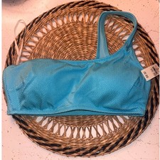 Aerie Real Good One Shoulder Bikini Top Blue Textured Honeycomb Swim M NWT