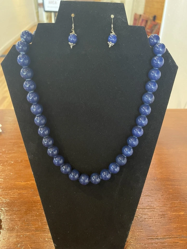 阿富汗天然拉皮斯串珠项链带银钩和耳环 — 第 2/2 张图片