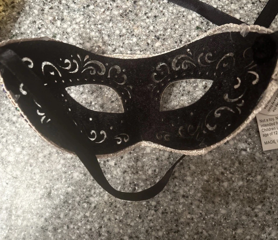 Leatherette Masquerade Half Mask 9" with Satin Ties Iridescent Bronze or Silver  - Image 4 of 4