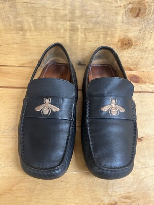 Men's Gucci Leather Loafers Driver Black Gold Bee 473769 Men's Gucci Leather Loafers Driver Black Gold Bee 473769