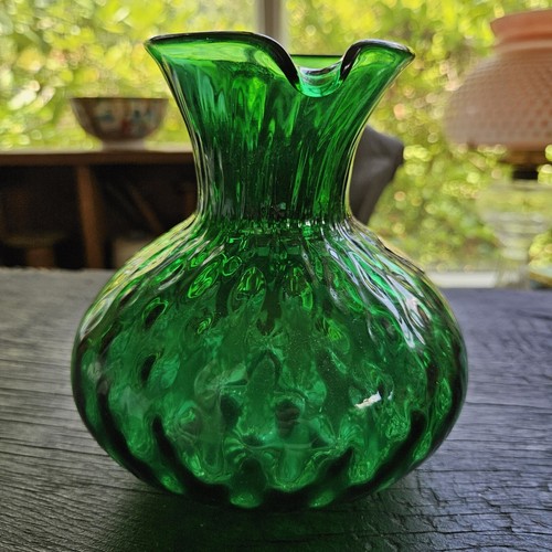 Vintage Pilgrim Dark Green Quilted Diamond Optic Glass Pitcher Original Sticker - Picture 5 of 9
