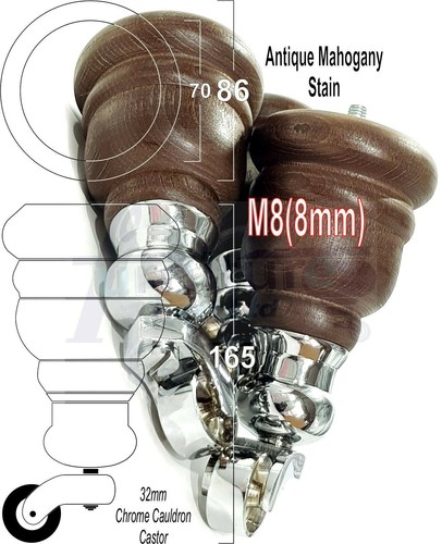 4x WOOD FURNITURE LEGS M8 REPLACEMENT CHROME CAULDRON CASTOR FEET 165mm HIGH - Picture 50 of 55