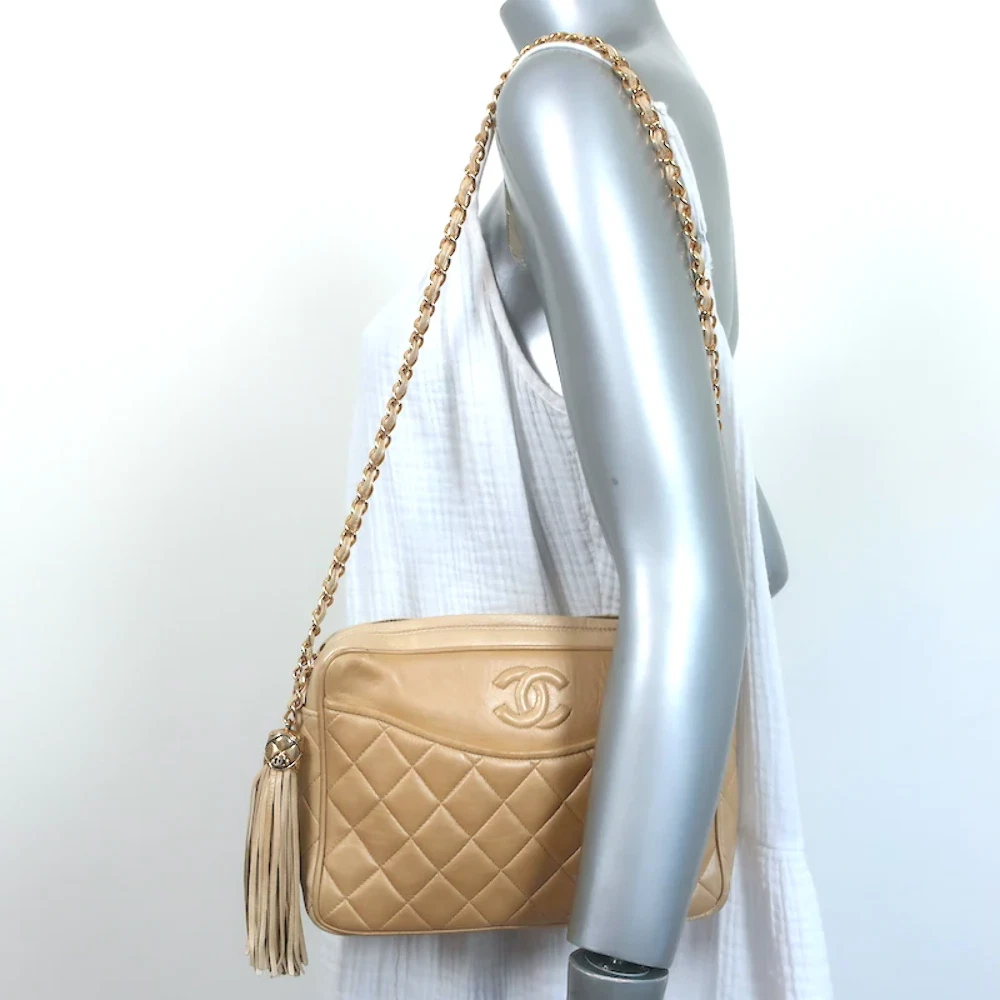 Vintage Chanel Quilted Tassel Camera Bag Beige Leather Chain Strap